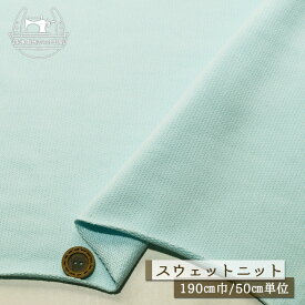 【ニット生地 無地/シャワーブルー】スウェット生地 裏毛ニット 綿100％ 厚み約2ミリ 広幅190cm 目の詰まったしっかりめ ショートループの裏パイル テンションやや低 やや丸まりやすい コットン トレーナー パーカー 部屋着【50cm単位 メール便不可】(b-2660)