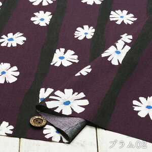 【アウトレット商品 手書き風 花柄×ストライプ/プラム02-45cmカット済】綿100%ローン生地 60タイプライター生地 ソフトでなめらかな肌触り HOKKOH 布帛(ce-2092-2)