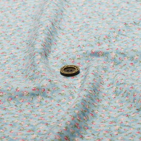 【アウトレット商品 小花柄 ミニバラ/サックス×ピンク 45cmカット済】シーチング生地 綿100％ 幅106cm プリント コットン 布帛(ce-2296)