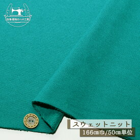 【ニット生地 無地/ピーコックグリーン】裏起毛スウェット生地 綿100％ 暖かい 厚み3ミリ 幅166cm ややしっかりめ 横方向に伸びるテンションやや低(〜中程度) コットン トレーナー パーカー 部屋着 秋 冬【50cm単位 メール便不可】(f-769)
