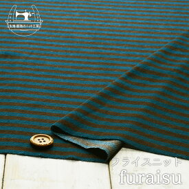【ニット生地 ボーダー柄/ディープターコイズ×ブラウン】やわらかくてなめらか 伸縮性に優れたフライスニット 7ミリピッチのボーダー 横方向に伸びるテンション高のニット【50cm単位 メール便1ヶまで】(j-2475)