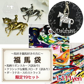 福馬袋【馬柄リボンスカーフ(訳あり)+クラシックな乗馬ブローチ(訳あり)+ダーラナホースのストラップ】〜馬好き競馬好きの方に〜【価格1111円(税込)+メール便250円】(u-31)