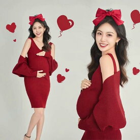 ママ　撮影　妊娠中　写真　衣装　パジャマ スタジオ テーマ マタニティ 服 カップル 服 赤 美しい 韓国 妊娠中 服