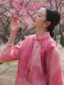 中国風 民族的 長袖 インク 染み込んだ 瞑想 婦人服 軽量 中袖 ピンク シャツ 春夏 春 写真撮り 撮影 旅行 花柄