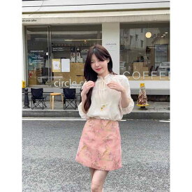 レディース レディース ファッション 韓国 韓国　ヨーロピアン　海外風　おしゃれ　かわいい　綺麗　大人 夏 中華風 優しい スタンドカラー ランタン スリーブ シャツ 中華風 プリント スカート 2点 セット
