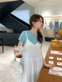レディース レディース ファッション 韓国 韓国　ヨーロピアン　海外風　ファッション　おしゃれ　かわいい　綺麗 Tシャツ トップス 夏 水玉 サスペンダー ドレス 綺麗 2点 セット