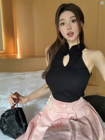 レディース レディース ファッション 韓国 韓国　ヨーロピアン　海外風　ファッション　おしゃれ　かわいい　綺麗 中華風 スタンドカラー プレート ボタン ニット セーター トップス 春 リッチ 娘 スリムトップス