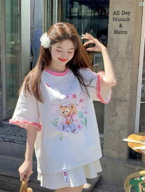 レディース　ファッション　おしゃれ　韓国　韓国ファッション　　海外風　海外ファッション　かわいい　きれい 楽しい プリント 夏 半袖 Tシャツ 老化 防ぐ ゆったり 快適 ラウンドネック トップ