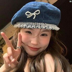 レディース　ファッション　おしゃれ　かわいい　韓国ファッション　海外ファッション レース デニム ベレー 帽 製 大きい 見せ 顔小 雲 パール リボン ベレー 帽