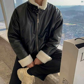 メンズ　韓国ファッション ラム ファー オートバイ ジャケット 冬 厚手 ベルベット コットンコート 毛皮 統合 レザージャケット 男性