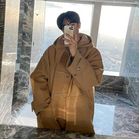 メンズ　韓国　ファッション　おしゃれ　韓国 ウール コート 冬 韓国 ホンボタン ミドル丈 レトロ フド付き ウインドブレカ コート