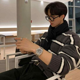 メンズ　韓国ファッション　男性　クール　かっこいい ベルベット ストライプセーター 冬 韓国 ハイエンド 厚手 プルオーバー セーター