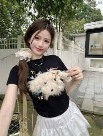 海外ファッション レディース レディース ファッション 韓国 韓国ファッション リアル ショット リアル プライス 取り外し 可能 子犬 スタイリッシュ ガール スリムフィット 半袖 Tシャツ