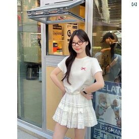 レディース ファッション 韓国 夏 旅行 セット フロント バック リボン Tシャツ ケーキ スカート 2点セット