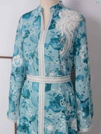 ドバイ 中東 アラブ 服 レディース ピーコックブルー ハーフ スタンドカラー プリント 刺繍 ローブ ドレス