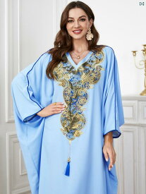 中東 アラビア 無地 刺繍 バット スリーブ カジュアル 東南 アジア レディース イスラム ドレス タッセル 付き