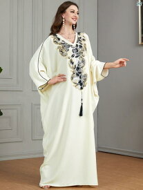 レディース 中東 アラビア ソリッドカラー 刺繍 バット スリーブ タッセル 付き Vネック イスラム ドレス ロング スカート