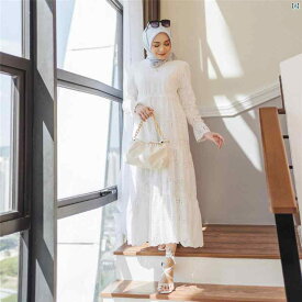 イスラム 越えた 中東 婦人服 マレーシア インドネシア 無地 フリル 長袖 レース ドレス