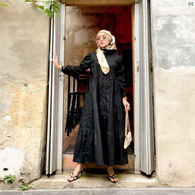 レディース 東南 アジア マレー インドネシア パッチワーク ドレス イスラム ソリッドカラー カジュアル パフ 長袖 スカート