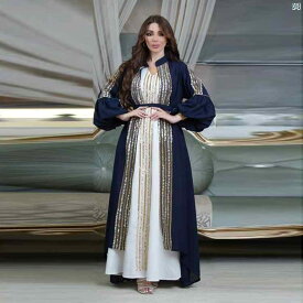 中東 クウェート レディース ローブ レディース ビーズ 刺繍 2点セット パフスリーブドレス ロング ドレス