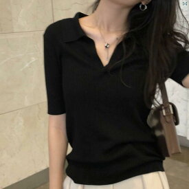 レディース　ファッション　おしゃれ　海外風　レディース ブラック 右 肩 半袖 Tシャツ 夏 スリムフィット 短い 薄手 冷感 セーター ポロ カラー シャツ 鎖骨 トップ