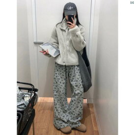 レディース レディース　アーバンファッション　モダンファッション　海外　欧州　個性的　アーバン アメリカ ストリート 花柄 パンツ 春秋 ストレート カジュアル スポーツ 冬 ベルベット プチ ワイド レッグ