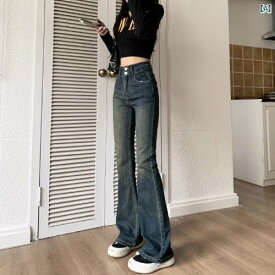 レディース　ファッション　おしゃれ　韓国　海外ファッション　アーバンファッション セメント グレー ブーツ カット ジーンズ 秋 摩耗 スモール アメリカン レトロ ハイウエスト 床 拭き ベルボトム パンツ