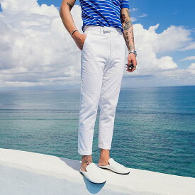 メンズ　メンズファッション　海外　イギリス　かっこいい　渋い　大人　大人ファッション ぽっちゃり 男性 大きめ サイズ ズボン ホワイト 九分丈 スリムフィット カジュアル パンツ