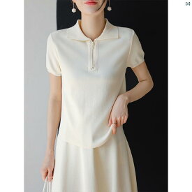 レディース ファッション　レディース　カジュアル　上品　綺麗　外出 ブラック ポロ 襟 冷感 半袖 セーター 夏 薄手 たり ジッパー プルオーバーシャツ トップ