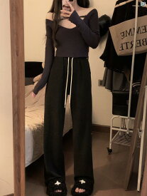 レディース　ファッション　オシャレ　かわいい　綺麗　カジュアル 秋冬 ストレート パンツ ベルベット 厚手 ワイド レッグ 春 グレー スウェットパンツ