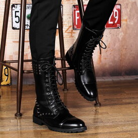 エンジニアブーツ メンズ ブーツ メンズ 本革 靴 サイドジップ サイドジッパー ミディアム 黒 ブラック シンプル 身長4.5cmUP