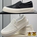 スリッポン メンズ パンチングタイプ 4cm レースタイプ シンプル 夏のホロー ジーパン ホワイト ブラック