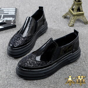 スリッポン スニーカー レディース 本革 キラキラ グリッター ラメ ウィングチップ エナメル カジュアルシューズ 紐なし ブラック 送料無料