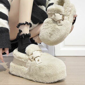 スリッポン レディース ファーシューズスエード ファー ベルト キルティング 厚底 通気性 ファー素材 ブラック カーキ ホワイト