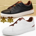 スニーカー メンズ ローカット クロスバンド ゴア 本革 紐なし カジュアルシューズレザー ブラック ホワイト ゴム