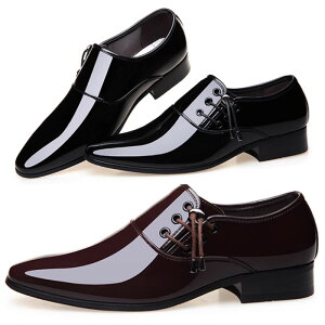 ロングノーズ レースアップ レザー エナメル加工 光沢 身長3.5cm アップシューズ ドレスシューズ ドレスシューズ ブラウン ワインレッド ブラック 靴 ビジネス靴 Shoes