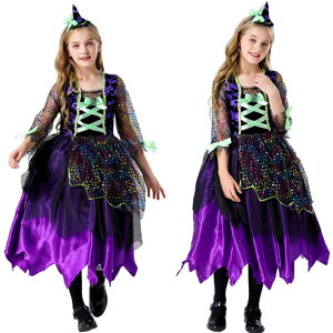 子供用コスチューム キッズコスプレ衣装 七分袖 ロング丈ワンピース チュール ハロウィン衣装 ハロウィンコスチューム 魔女 魔法使い cosplay 星柄 舞台衣装 仮装 舞台劇 イベント 変装 学園