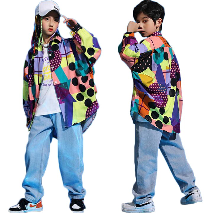 ストリート ダンス 子供 服 ヒップホップ パンツ セット ベスト 男の子 女の子 ステージ カラフル パフォーマンス 長袖