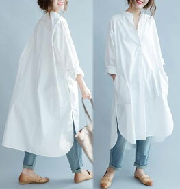 レディースワンピース シャツワンピース マタニティワンピース 長袖ワンピ ロングワンピ ロングシャツ 体型カバー 通勤 ゆったり 綿 コットン 春夏 ナチュラル ゆったり 海旅行 リゾート 無地 レディースファション オシャレ 夏服 フリーサイズ ホワイト