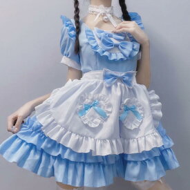 メイドコスチューム 可愛い半袖メイド服 ショート丈 レディースコスチューム メイド喫茶 フリルワンピース メイド服 エプロン ウェイトレスコスプレ 萌え 可愛い 美少女ウェア ハロウィン衣装 舞台衣装 仮装 女装 イベント 余興 学園祭 ブルー