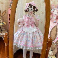 可愛いロリータ服 甘ロリ ジャンパースカート ロリータワンピース 甘いロリータ 動物柄 プリント柄 フリ…