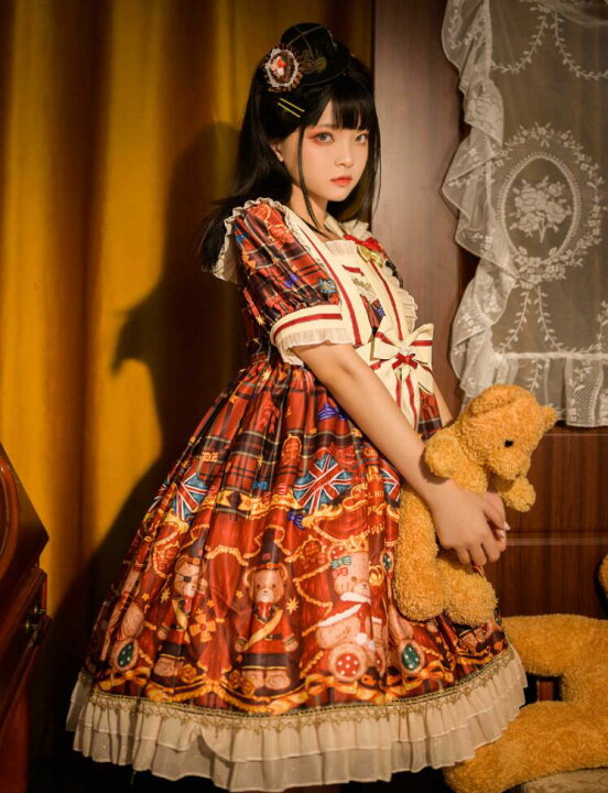楽天市場 半袖ワンピース ロリータワンピース セーラーカラー 甘ロリータ 甘ロリ ロリータ風ワンピ チェック柄 プリント柄 クマ柄 くまちゃん 個性的 Lolita ロリータ服 大人コスチューム ゴスロリ コスプレ衣装 文化祭 学園祭 激萌え イベント ロリータファション 2色