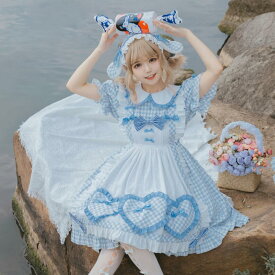 ロリータワンピース 可愛いロリータ服 半袖ワンピース プリンセスドレス 可愛いワンピース チェック柄 2点セット パーティードレス フレアワンピース Lolita 大人コスチューム ゴスロリ ハロウィン コスプレ衣装 文化祭 学園祭 イベント ロリータファション ブルー