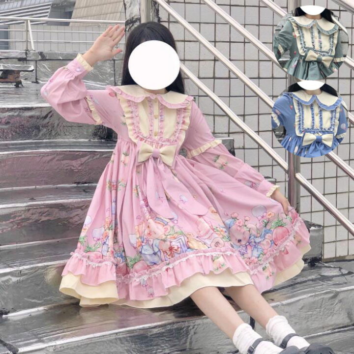 楽天市場 甘いロリータ服 甘ロリ ロリータワンピース 長袖ワンピース 可愛いロリータ服 丸襟 フリル 動物柄 花柄 プリンセスライン 大人コスチューム ゴスロリ コスプレ衣装 文化祭 学園祭 ハロウィン衣装 パーティードレス イベント プリント柄 3色 Koalastore楽天市場店