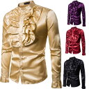 サテンシャツ メンズ長袖シャツ フリル スタンドカラー 貴族風 華やか 礼服 カラバリシャツ ダンス衣装 舞台衣裳 ステージ衣装 舞台衣装 光沢 忘年会 新年会 余興 団体服 司会者 礼服 写真撮影 パーティー クラブ 4色 S-3L