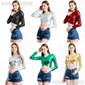 へそ出しトップス メタリックトップス レディース Vネック 長袖 光沢 ダンストップス 欧米風 ヒップホップおしゃれ ジャズダンスウェア jazz dance パーティー クラブ セクシー ポールダンス ステージ衣装 舞台衣裳 6色 応援団 金 銀 無地シンプル チアガール ショート丈