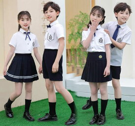 夏子供制服 キッズスーツ 学生制服 幼稚園制服 女の子 男の子 ジュニア 3点セット 半袖シャツ スーツ 子供服 フォーマルスーツ 蝶ネクタイ ピアノ 発表会 卒業式 入学式 小学生 合唱団 結婚式 [半袖シャツ+短パン/スカート+蝶ネクタイ] 100cm-200cm