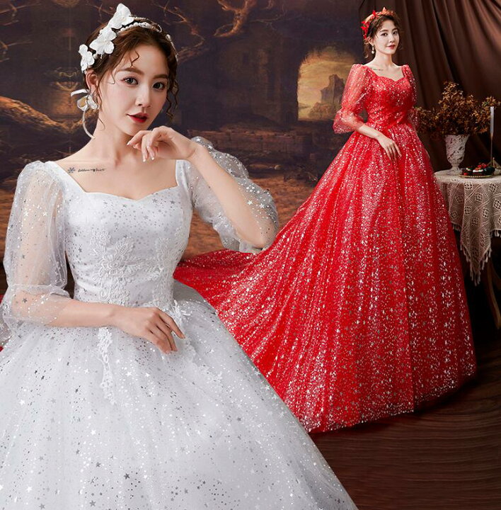 楽天市場 ウェディングドレス Wedding Dress ロングウエディングドレス トレーン 星柄 花レース 可愛い きらきら ロングドレス 七分袖 パフスリーブ 可愛い ペンタゴン ネック お姫様ドレス ふんわり ボリューム 結婚式 パーティー 二次会 フォマールドレス 演奏会 白