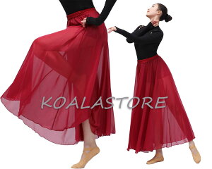 シフォンスカート レディースダンススカート レッド 赤下着 ウエストゴム ロング丈 フレアワンピース 古典ダンスウェア リラックスヨガ ふんわり デイリー 中華風古典ダンス レッスン着 バ
