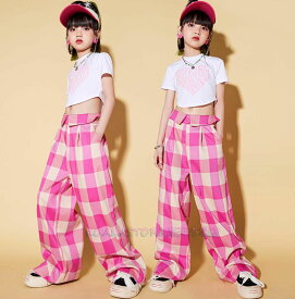 キッズダンス衣装 子供服 キッズジャッズ 子供ヒップホップ 女の子ダンスセット 上下セット 2点セットTシャツ チェックパンツ ピンク長ズボン ストリート レッスンダンスウェア イベント 発表会 応援団 jazz hiphop ステージ舞台演出服 練習着 チーム衣装 団体服 チーム衣装